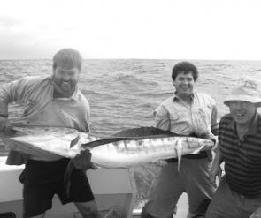 Mick Walker , Jason Nunn and George Clift with one of three marlin they tagged off Swansea.